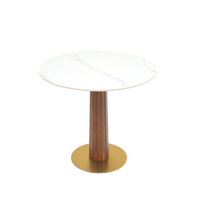Modern 2 - Person Dining Table with Round Wooden Pedestal Leg & Gold Base for Small Space