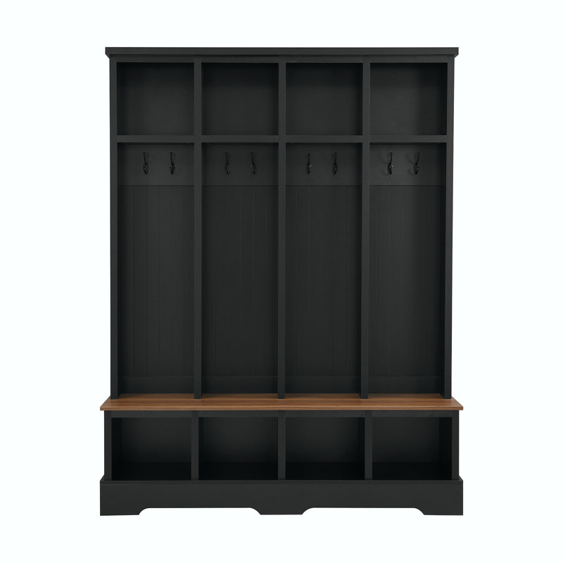 Farmhouse Wide Hall Tree With Bench, 8 Hooks And Storage Compartments For Entryway, Black