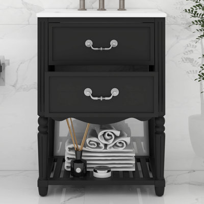 Meuble-lavabo de salle de bain avec lavabo en céramique, armoire de salle de bain avec deux tiroirs et une tablette ouverte