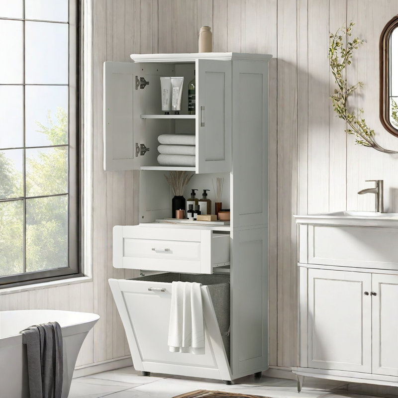 Mubashar Tall Bathroom Cabinet with Tilt-Out Laundry Hamper, Upper Storage Cabinet, A Drawer and Open Shelves, White
