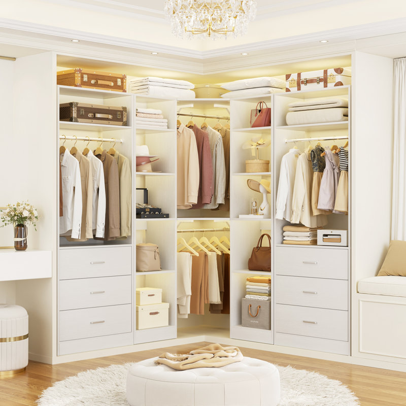 62.3" L X 62.3" W X 80" H Corner Closet System,Freestanding Closet Organizer System With 6 Drawers & 12 Shelves, White