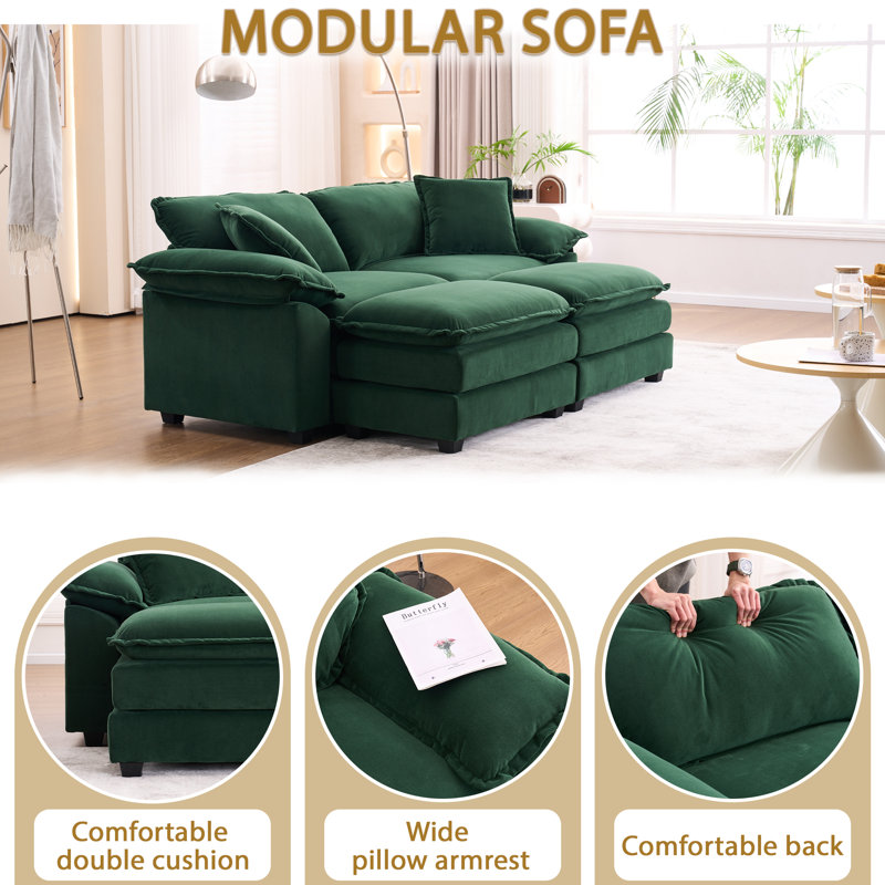Ariaha 84.6'' Oversized Modular Combo Sofa with Ottoman, Green Velvet