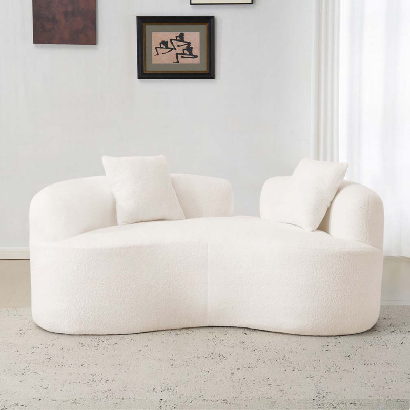 Teddy Velvet Fabric Curved Loveseat, White, 27.5" H x 66.9" W x 43.9" D