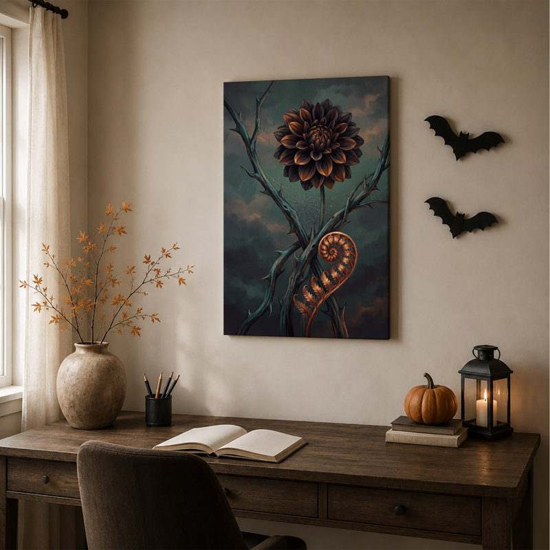 Toile murale d'Halloween représentant une fougère cuivrée en spirale, avec des branches épineuses et des fleurs sombres.