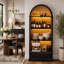 Vitrine haute cintrée avec portes vitrées, bandes lumineuses DEL et tiroirs, idéale pour un intérieur et un rangement de style ferme moderne.-1382036680