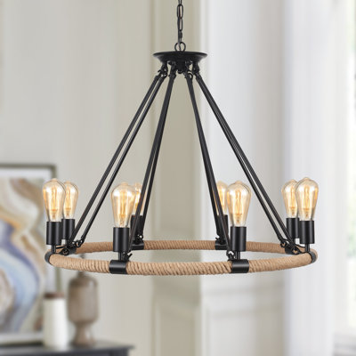  Orris 8 - Light 30"W Dimmable Farmhouse Rope Kitchen Island Wagon Wheel Chandelier