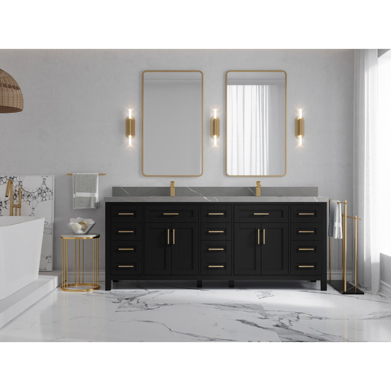 84'' Double Bathroom Vanity with Quartz Top, Piatra, Black