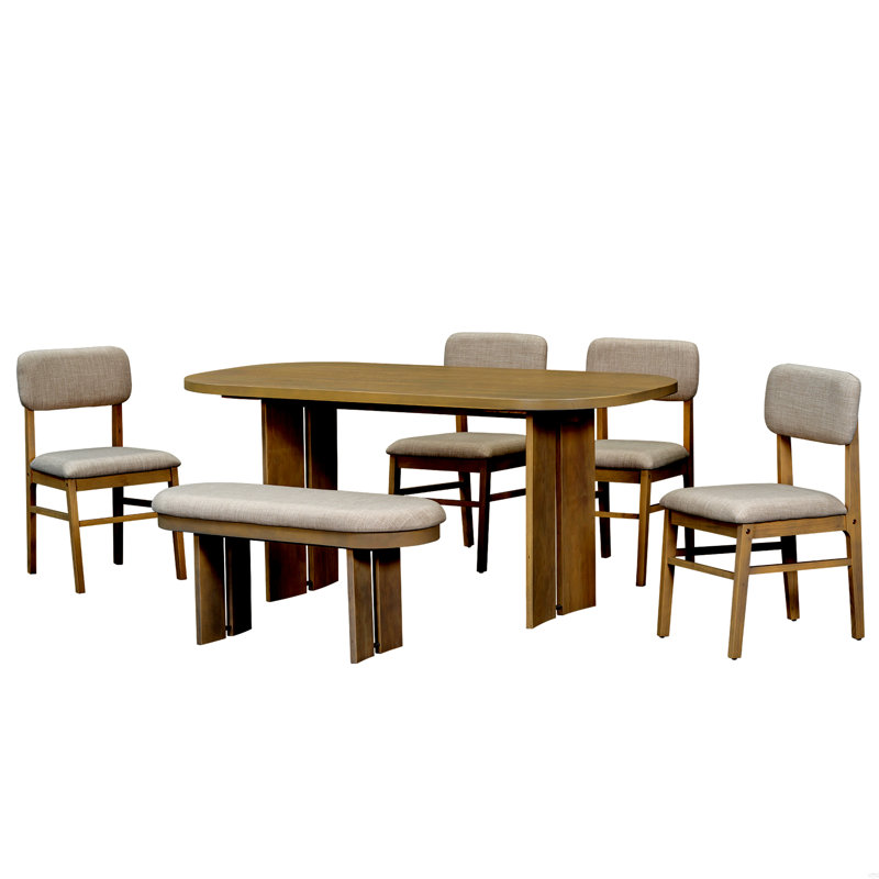 Solid Wood Dining Table Set With Bench - 6-Piece Upholstered Rectangular Dining Room Table Set With Bench, Brown/Beige
