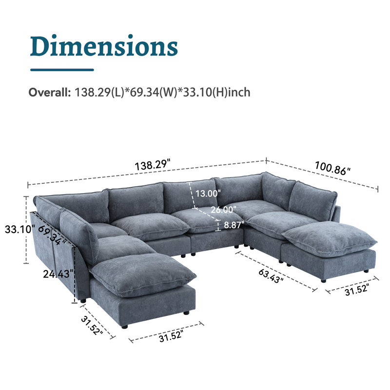 Canapé modulaire surdimensionné de 8 places l 138,29 po Heffernan, H 33,10 po x l 137,90 po x P 100,86 po, Chenille bleu