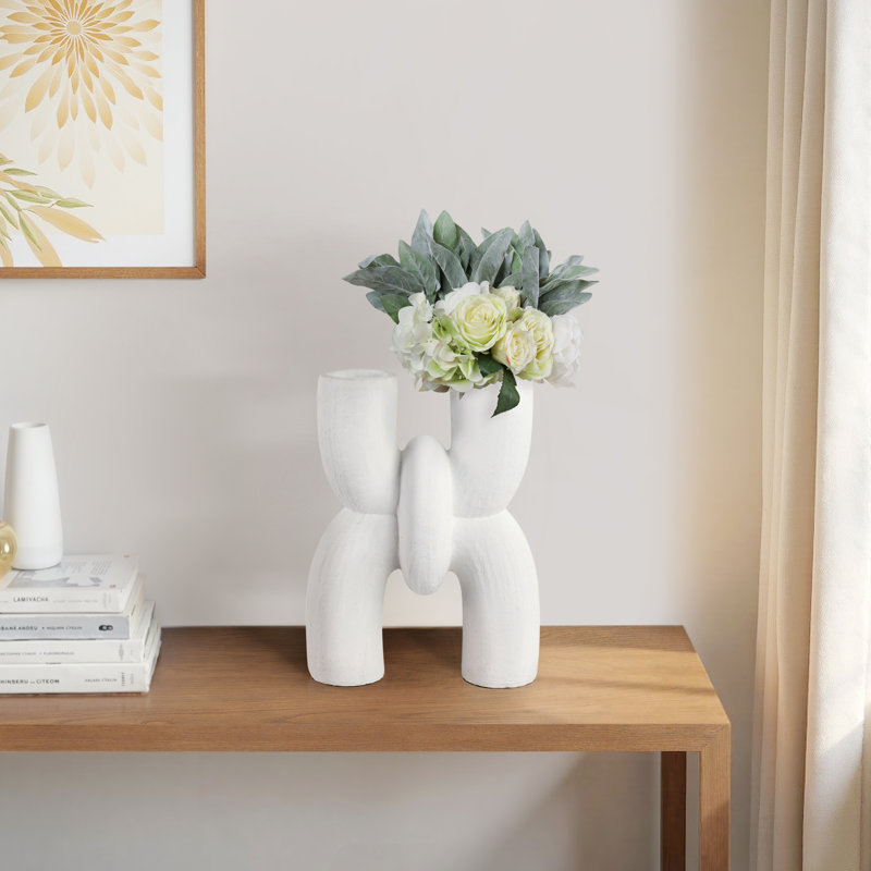 Vase poterie terre cuite sculpturale à double ouverture 15 po, décor contemporain blanc pour bureau à domicile, salon, chambre à coucher