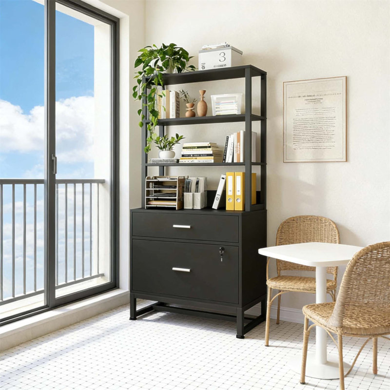 Spacious Filing Cabinet With Lockable Drawers And Open Bookcase For Office Organization, Black
