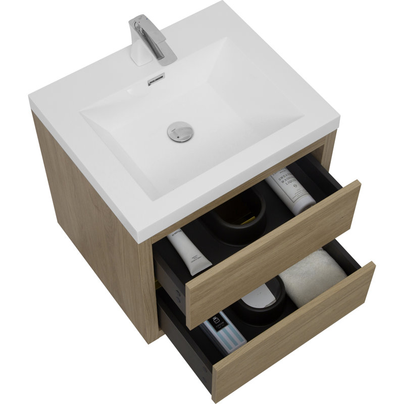 Wall-Mounted Bathroom Vanity - Sink, Floating Storage Cabinet, Stone Resin Countertop, Soft Close Drawers, 24"