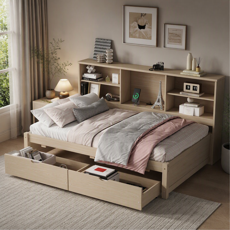 Cadre de lit simple avec tablettes latérales, deux tiroirs et port USB intégré pour une couleur naturelle, Naturel