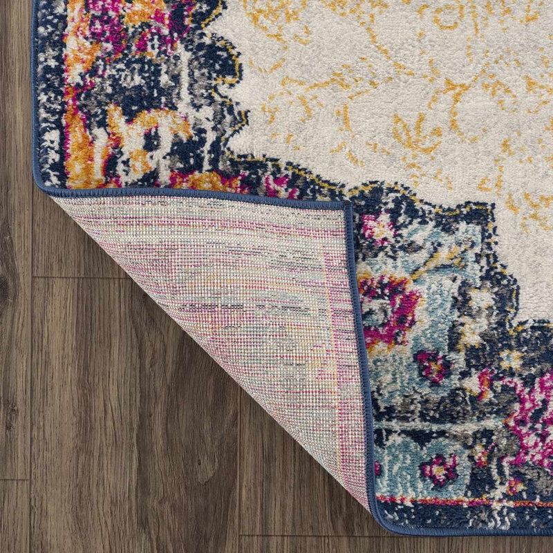 Tapis oriental ivoire / orange / bleu marine Favreau, Rectangle 5 pi 3 po x 7 pi