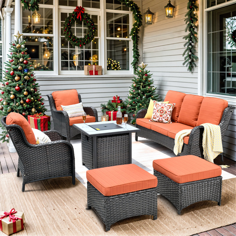 Ensemble de conversation avec canapé et coussins de patio en rotin, Cadre brun / coussin rouge-orange, Non