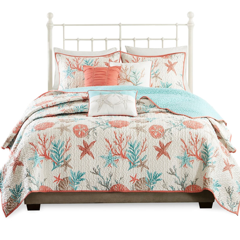 Courtepointe 6 pièces avec coussins, corail double / grand, coquillages imprimés, étoile de mer et coraux, mélange de tissu doux, vermicelle, broderie côtière, coton lavable à la machine