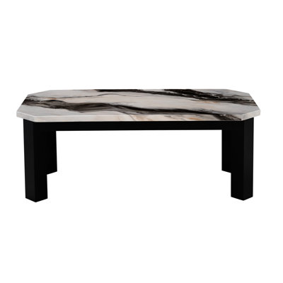 Table basse contemporaine Panda, faux marbre, pieds en bois noirs, 51,5 po Table rectangulaire à profondeur de paquet avec plateau en marbre et décor moderne