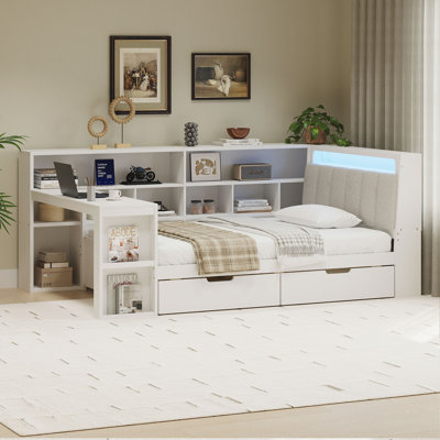 L-Shaped Wooden Daybed With Desk And Storage Bookcase, Corner Bed With Upholstered Headboard And Under-Bed Drawers And LED Light For For Bedroom Living Room