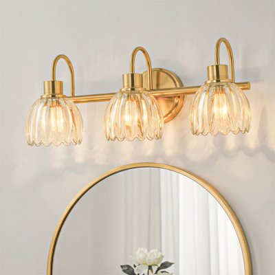 Éclairage pour salle de bain 3 lumières en laiton antique, verre transparent Lotus, base E26, fixation murale pour salle de bain