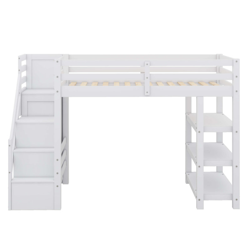Lit mezzanine avec tablettes, escalier de rangement, petite armoire et lumière DEL blanche, Lit simple