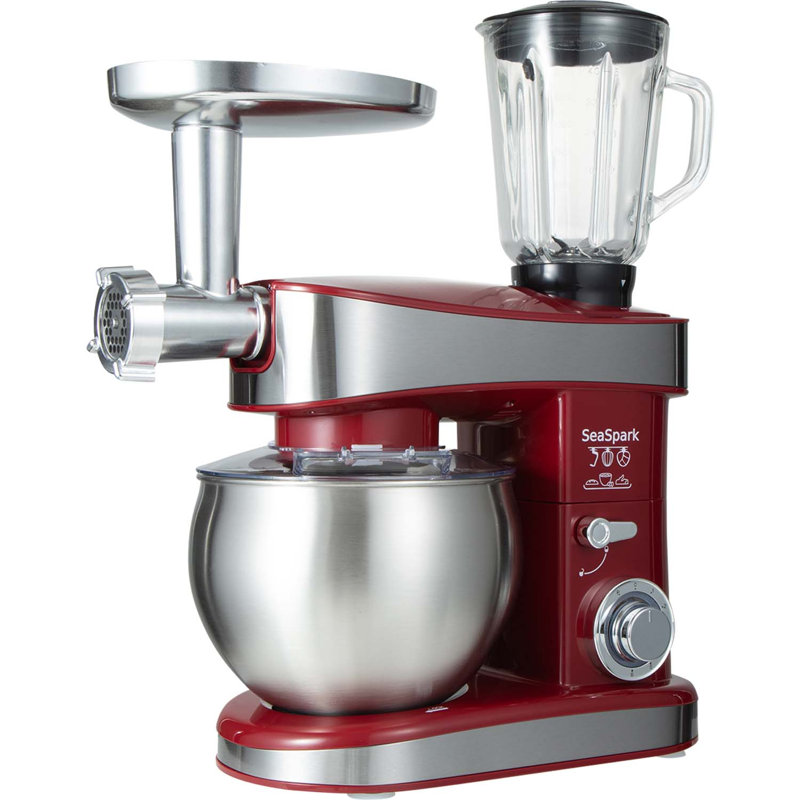 Seaspark 3 In 1 Multifunctional Stand Mixer, 6.3qt 6-speed With Juicer And Meat Grinder Functions And Accessories, Red