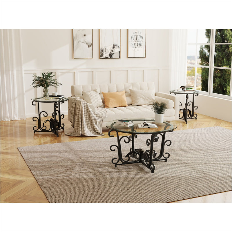 Ensemble de tables basses modernes avec 2 tables de bout pour petits salons, plateau en verre trempé sur structure en acier noir mat, design carré compact pour les appartements