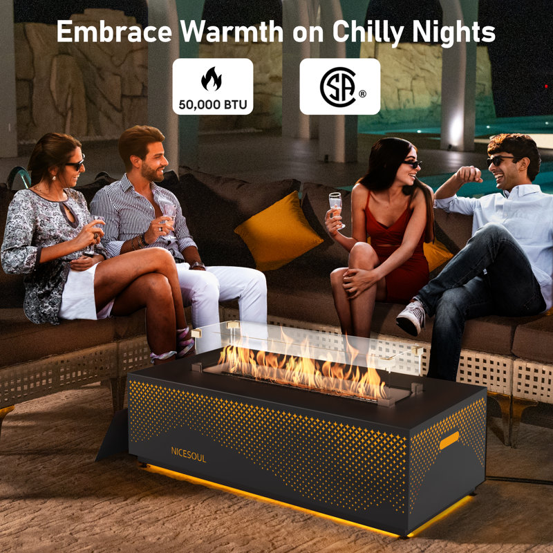 Outdoor Rectangular 50,000 BTU Propane/Natural Gas Fire Pit Table with LED Golden Light