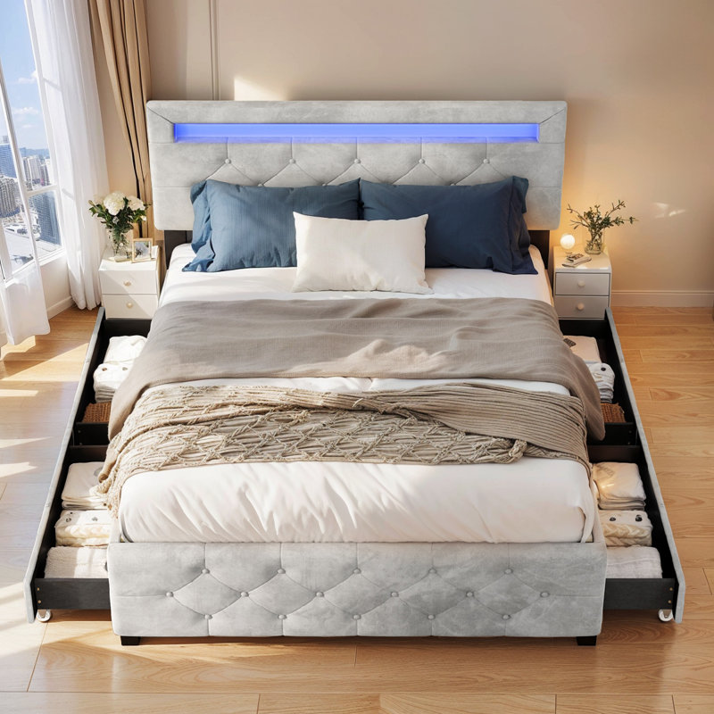 Base de lit tapissier avec rangement à 4 tiroirs et éclairage DEL, Double