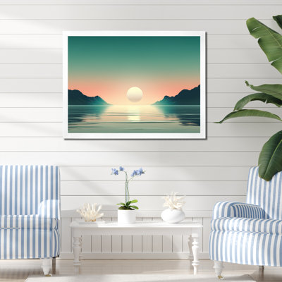 Pleine lune levant le minimalisme de l'océan en bleu rétro I - Décoration murale plage