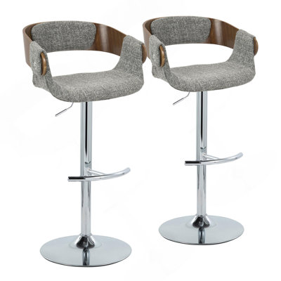 Elisa Mid-Century Modern Adjustable Barstool With Swivel In Chrome Metal, Walnut Wood And Grey Fabric With Rounded T Footrest By Lumisource - Set Of 2