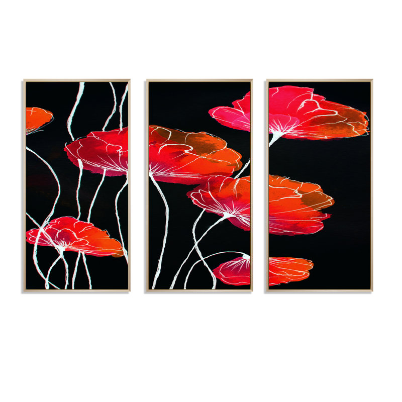 «Abstract Red Flower Détail On Black II», 3 pièces sur toile, H 28 po x l 36 po, Brun