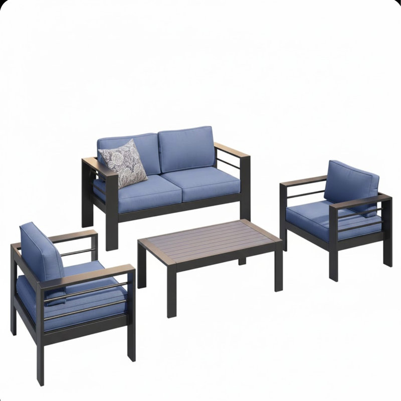 Ensemble de conversation moderne en aluminium 4 pièces pour patio, canapé 4 places avec coussins bleus épais et structure noire et table basse