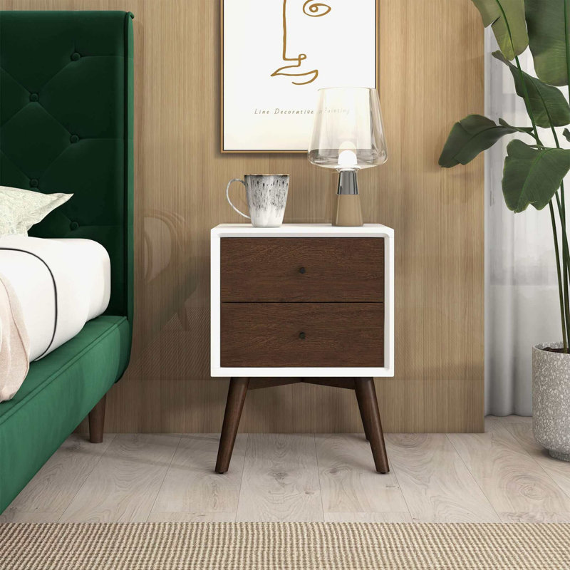 Table de chevet moderne Mid-Century avec deux tiroirs, un ajout polyvalent et élégant à toute pièce, Blanc / Brun foncé