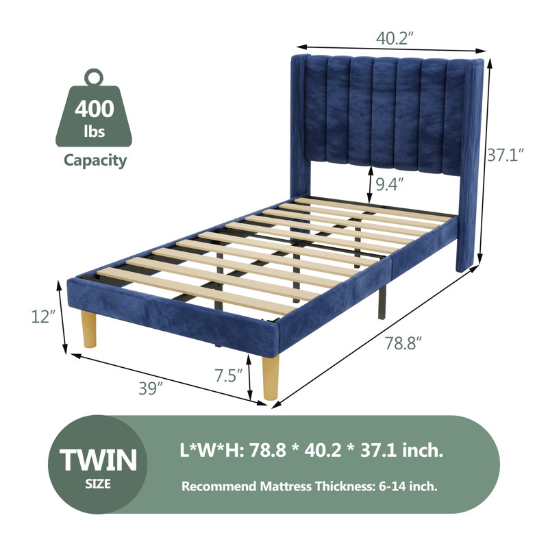 Sutter Upholstered Wingback Bed, Blue, Twin