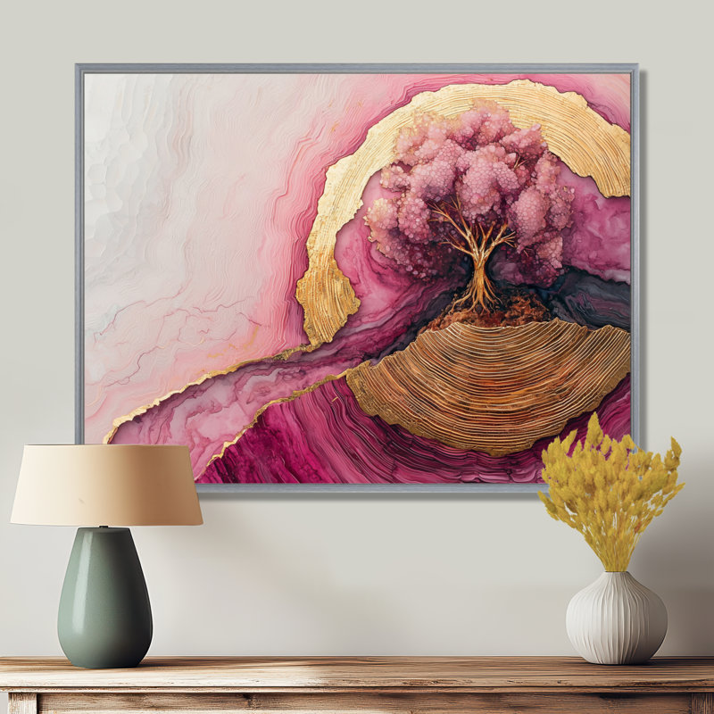 Forêt, paysage de roses, pierres précieuses, rivière II - forêt, art mural, H 12 po x l 20 po, Cadre flottant, Argent argent