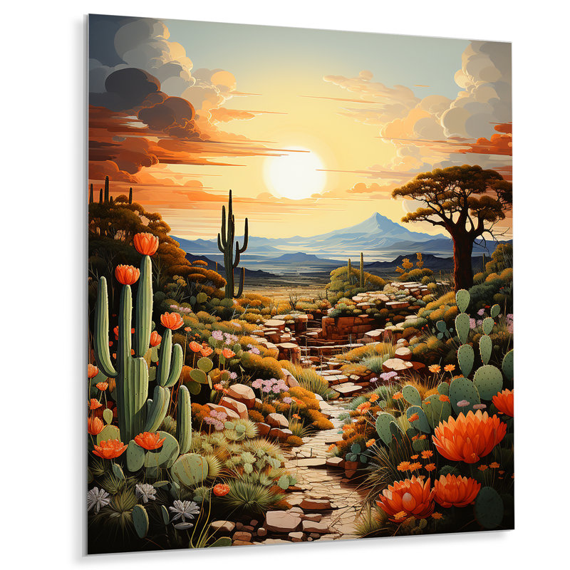 Cactus orange, vert et calme - impression sans cadre sur métal, H 40 po x l 30 po x P 1 po