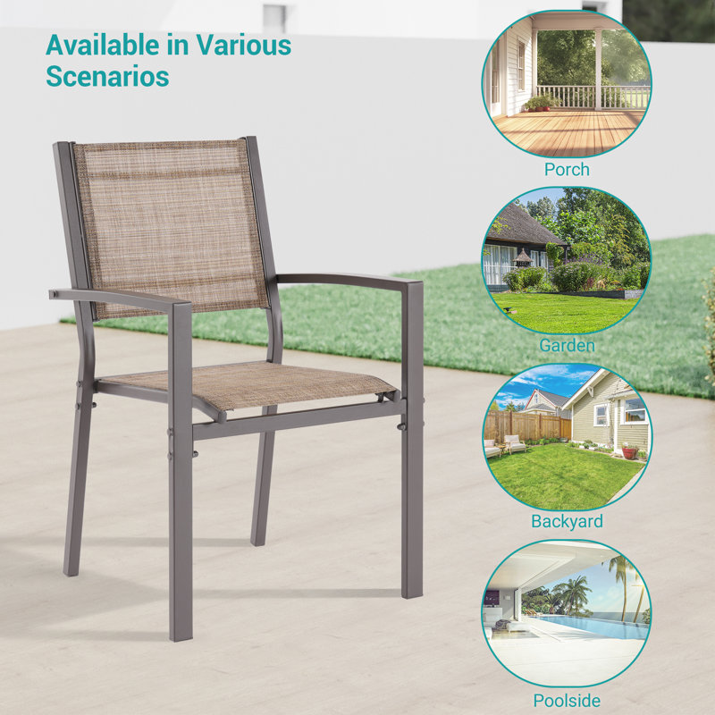 Fauteuil de salle à manger d'extérieur, tissu en PVC respirant, structure en fer thermolaqué, pour fauteuil de salle à manger empilable (ensemble de 2)