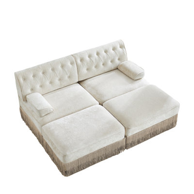 Beige Velvet Modular Chesterfield Sectional Sofa with 2 Ottomans, Button Tufted Back & Tassel Skirt
