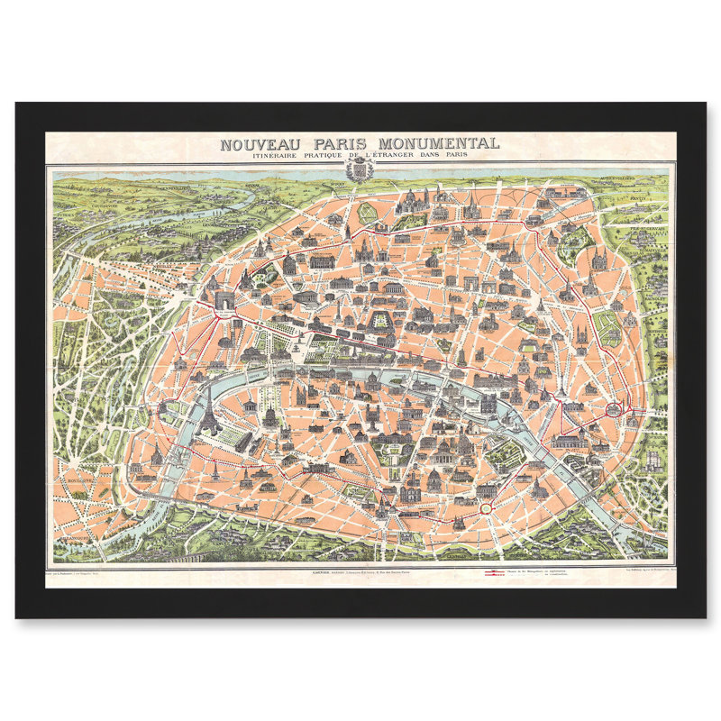 Antique Garnier Paris Tourist City Map Plan - Single Picture Frame Print