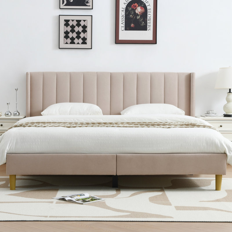 Torrick Upholstered Platform Bed with Tufted Wingback Headboard, King, Beige 100% Linen