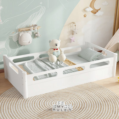 Twin Size Floor Platform Bed with Full-length Guardrails, Low Profile Twin Bed Frame, No Box Spring Needed, White