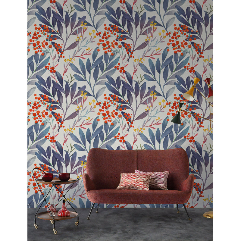 Papier peint amovible à motif floral de brindilles et de feuilles sur fond blanc, L 35,04 po x l 55 po