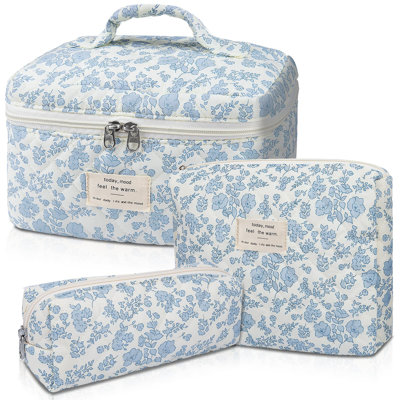 Makeup Bag, Large Quilted Cosmetic Bag, Big Floral Make Up Bag, Cute Cotton Makeup Bag Set, Flower Travel Toiletry Organizer Bag