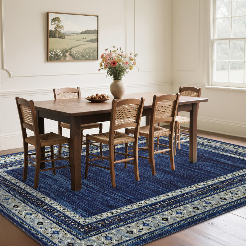 Tapis décoratif antidérapant à bordure à motif floral rétro pour chambre à coucher de salon, Blue, Rectangle 10' x 13'