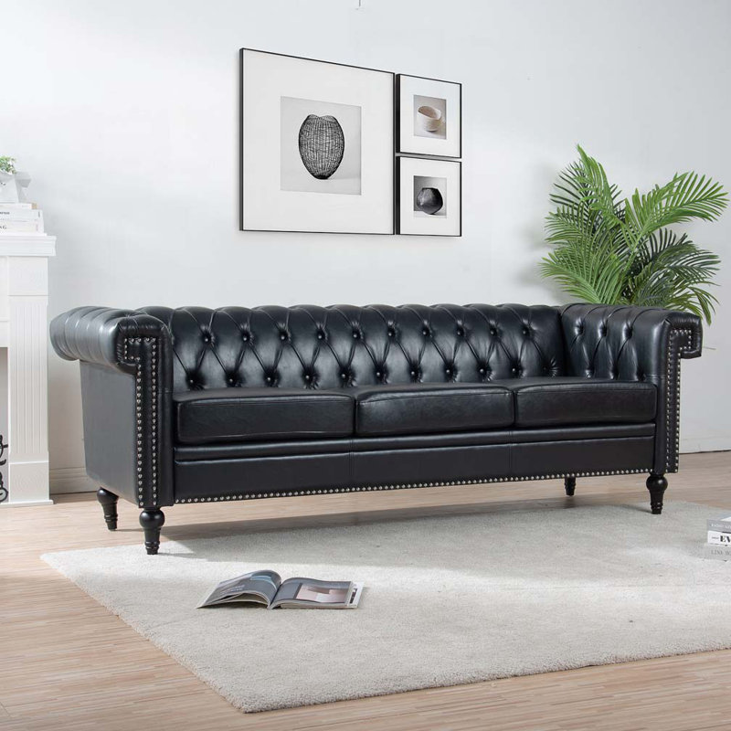Canapé Chesterfield Husani, 3, Similicuir noir
