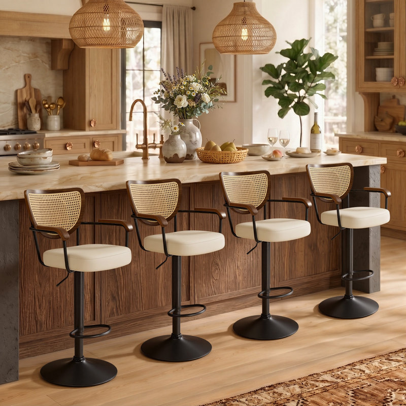 Tabouret de bar pivotant avec dossier rembourré et large rembourré de style Mid-Century avec assise rembourrée et base ultra-stable de 17,7 po (ensemble de 4)