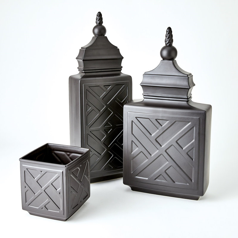 Chinoiserie Handmade Ceramic Jar, Matte Black, 27.75" H x 13.75" W x 6" D