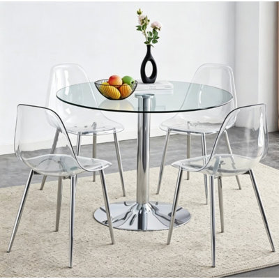 Ensemble de table de salle à manger 5 pièces en verre trempé avec 4 chaises en acrylique transparent et pieds en métal doré pour petits espaces