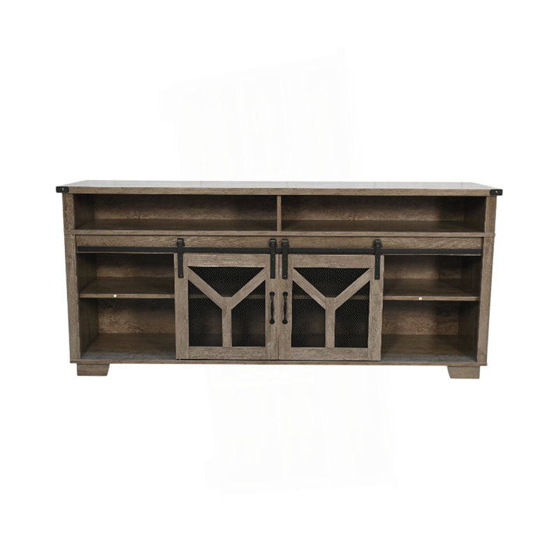 Meuble télé 65,3 po avec bandes lumineuses à DEL et porte de grange en fer avec bande décorative en Y de style campagnard gris