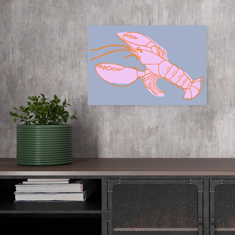 Neon Lobster Vibes Abstract Minimalist Modern Shellfish Lobster Ocean Wall Art Print by Treechild - Wrapped Canvas Print